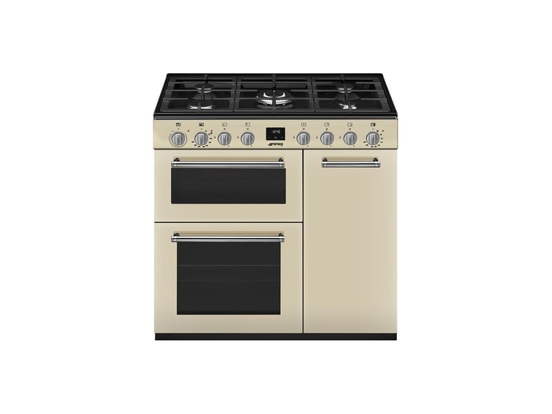  Cuisiniere pose libre 90 cm 5 foyers gaz avec 3 fours creme verre 7798911 - Conforama A