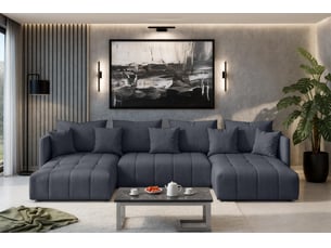 Canapé d'angle panoramique convertible <strong>AX LIVING </strong> <strong>VeliroU</strong> 6 places Velours gris avec coffre de rangement