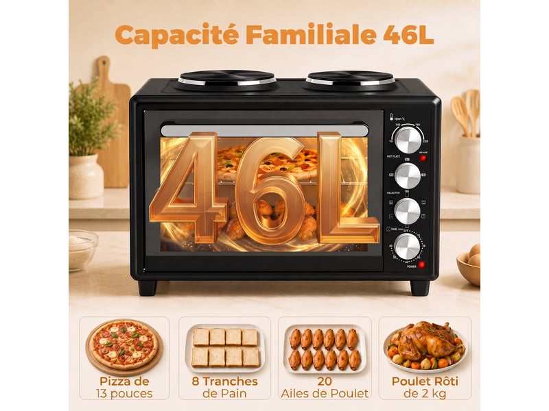  Mini-four avec 2 plaques de cuisson et broche rotative 46l 2850 w, four à convection multifonction, minuterie, noir  - Conforama E