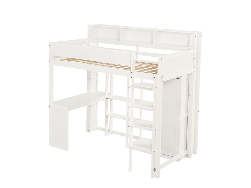  Lit superposé avec table et armoire, lit enfant, avec barrière de sécurité, étagères et échelle à quatre marches, espace de rangement intégré, pin + mdf + contreplaqué, blanc, 90 x 200 cm  - Conforama D