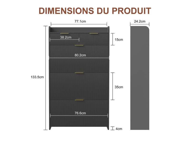  Meuble à chaussures 1 tiroir 3 abattants - 77 x 24 x 133.5 cm-noir - meuble d'entrée avec portes cannelées et poignées dorées  - Conforama B