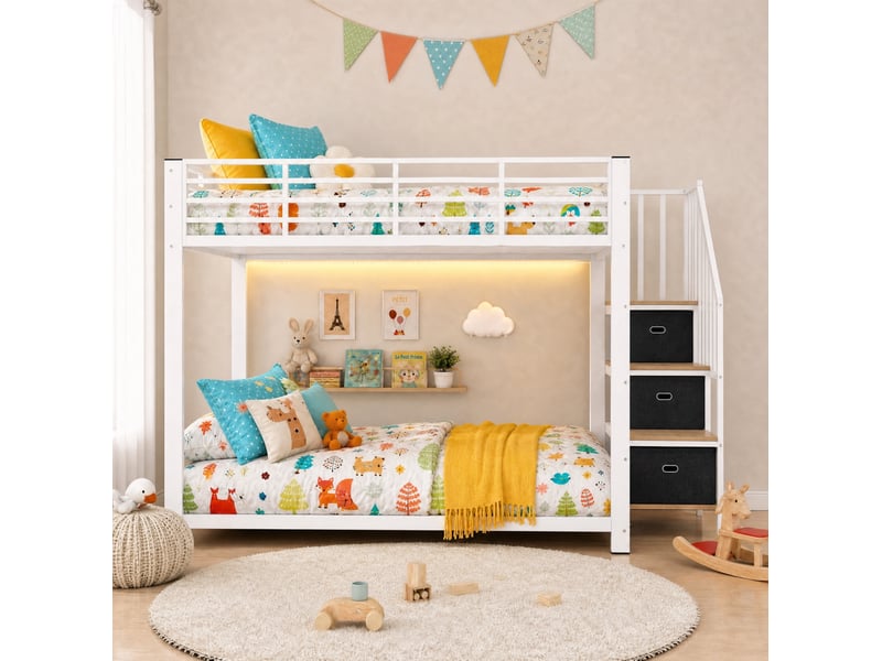  Lit adulte 140x200 cm – blanc et noyer – superposé, escalier de rangement, led, usb – sans matelas  - Conforama B