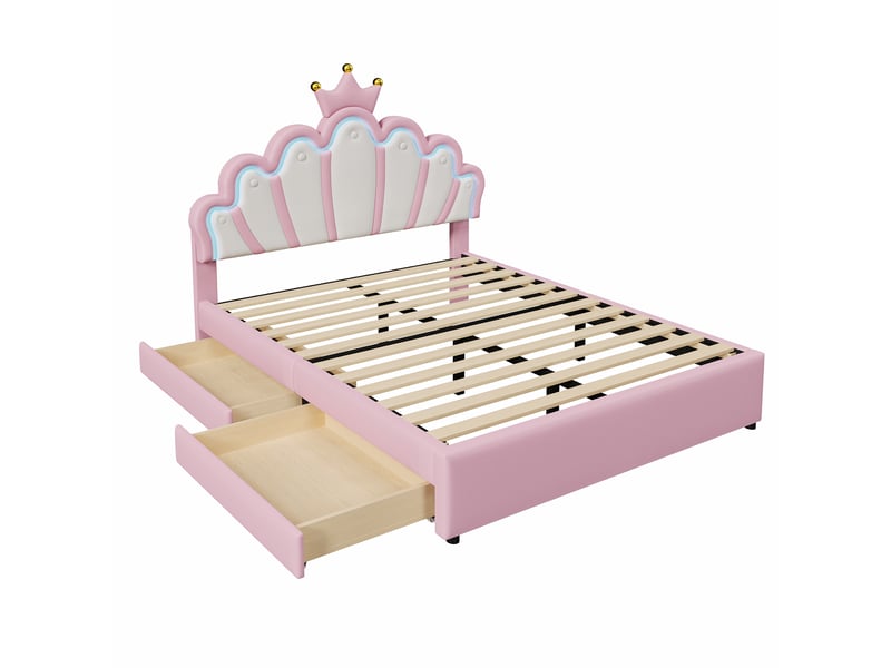  Lit enfant 140x200cm,lit avec rangement en pu avec 2 tiroirs et tête de lit réglable,en forme de couronne,rose lit enfant rose - Conforama D
