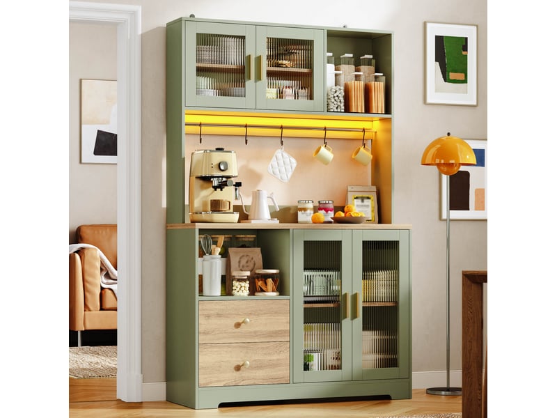  Buffet de cuisine haut avec 4 portes vitrées, 2 tiroirs, led rgb et prises intégrées, vert antique 110 × 40 × 178 cm  - Conforama B