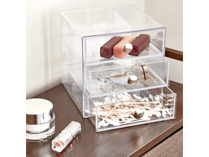 Drawers organisateur maquillage, boite de rangement en plastique pour cosmétiques, maquillage, etc., boite tiroir à 3 tiroirs, transparent