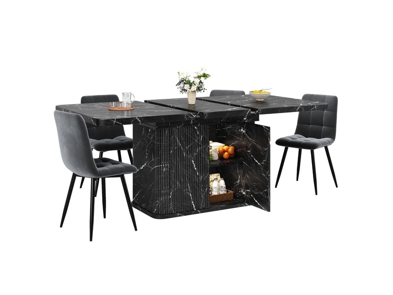  Ensemble repas 5 pièces avec table extensible 140 à 180 cm, rangement caché, plateau effet marbre noir et 4 chaises en velours  - Conforama A