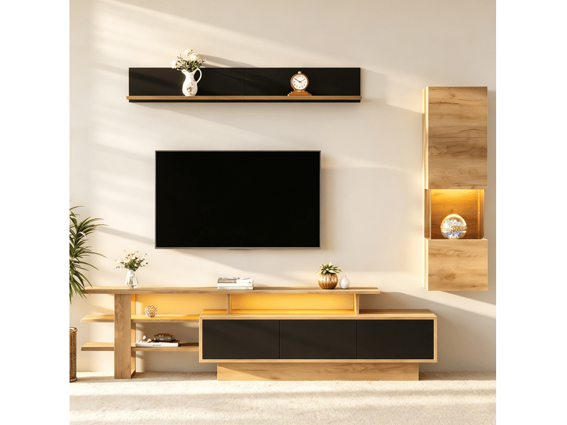  Ensemble meuble tv modenvie 3 pièces 180 x 40 x 45 cm avec vitrine et étagère led usb décor bois naturel noir  - Conforama D