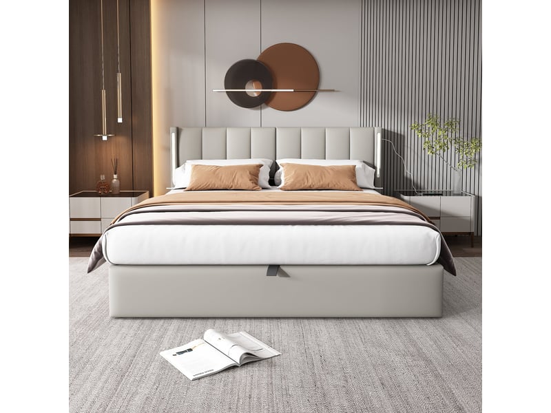  Lit rembourré 180x200 cm avec coffre hydraulique, éclairage led, usb et tête de lit réglable, pu gris  - Conforama B