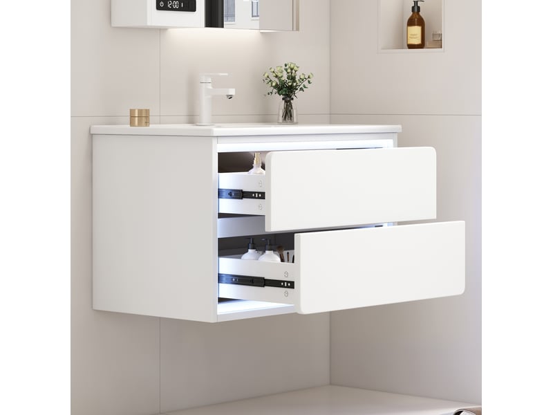  Meuble vasque suspendu 76x46x48,5 cm – blanc – led à détection radar, 2 tiroirs silencieux en mdf  - Conforama B