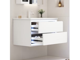 Meuble vasque suspendu 76x46x48,5 cm – blanc – led à détection radar, 2 tiroirs silencieux en mdf