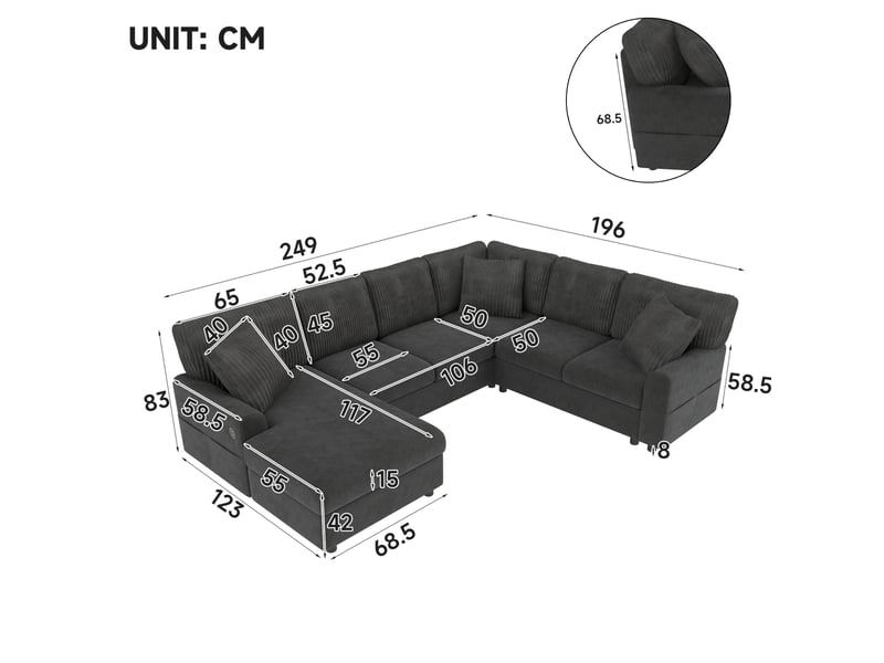  Canapé d'angle en u 6 places avec méridienne et ports usb et usb-c, gris  - Conforama E