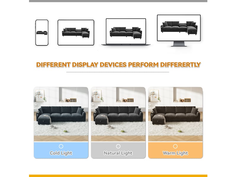 Canapé d’angle réversible 4 places 280x137 cm – gris – rangements, tablette porte-gobelets et ports de charge - Conforama E