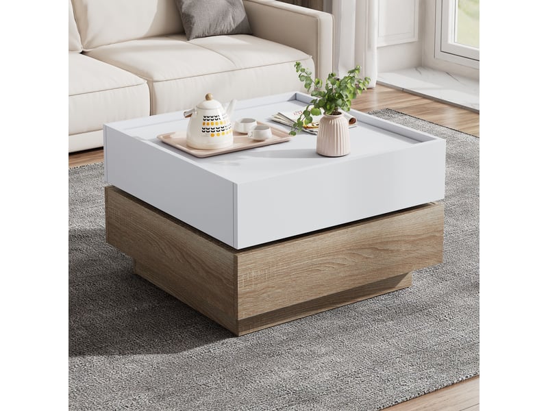  Table basse pivotante 360 carrée 60x60cm, table de salon avec 2 tiroirs, blanc et noyer  - Conforama D