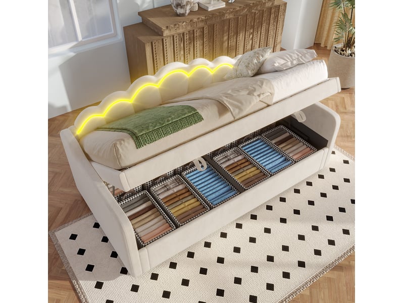  Lit coffre enfant 90x200cm, design ondulé, lumières avec éclairage led multicolores, velours, beige sans matelas  - Conforama E