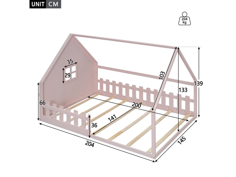  Lit enfant 140x200cm,lit cabane,lit plat en pin avec balustrade,rose lit enfant rose - Conforama C