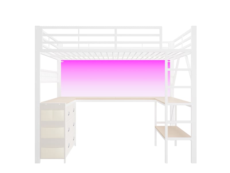  Lit mezzanine en métal pour gamer (140 x 200 cm) avec tiroirs, bureau, rangements et éclairage led, blanc  - Conforama D