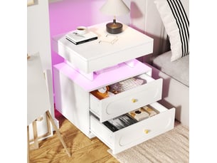 Table de chevet ulevr avec led 50 x 40 x 60 cm, 2 tiroirs, 1 niche ouverte, panneau de particules, blanc