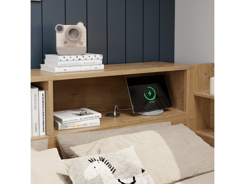 Lit simple 90x200 cm en bois naturel avec rangements, étagères, tables de chevet et charge sans fil - Conforama E