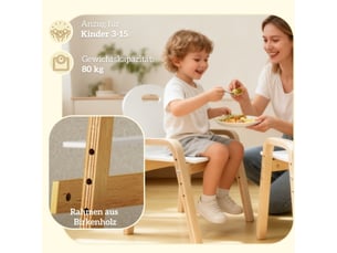 Chaise enfant en bois blanche, pieds antidérapants, hauteur réglable, 3-15 ans