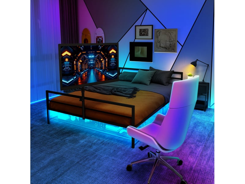  Lit 1 place, 90x200 cm, support écran orientable avec led intégrée, espace nuit, style moderne, métal, coloris noire  - Conforama E