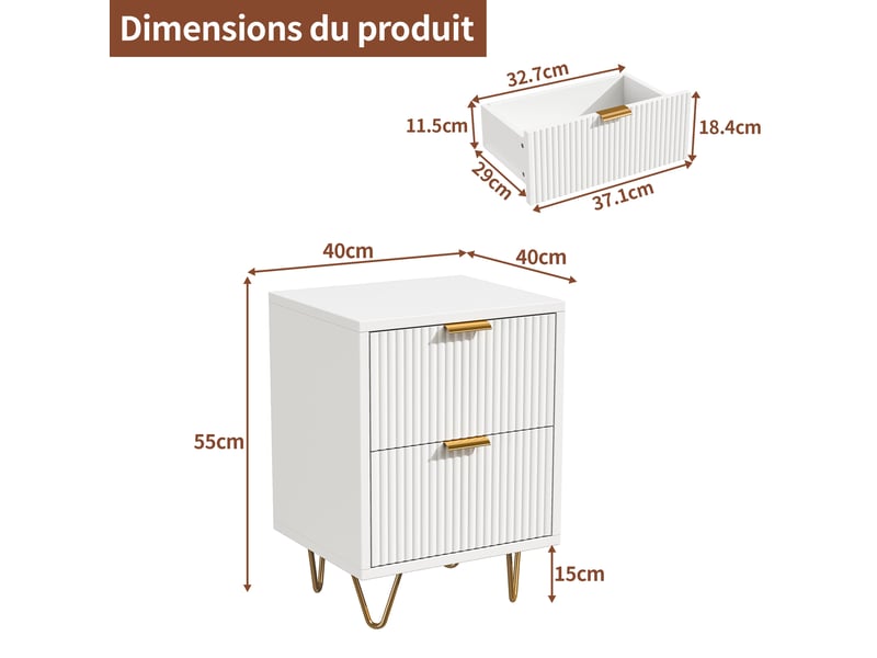  Lot de 2 table de chevet,table à chevet avec 2 tiroirs , manches et pieds en couleur doré,moderne,40 × 40 × 55 cm,blanc  - Conforama C
