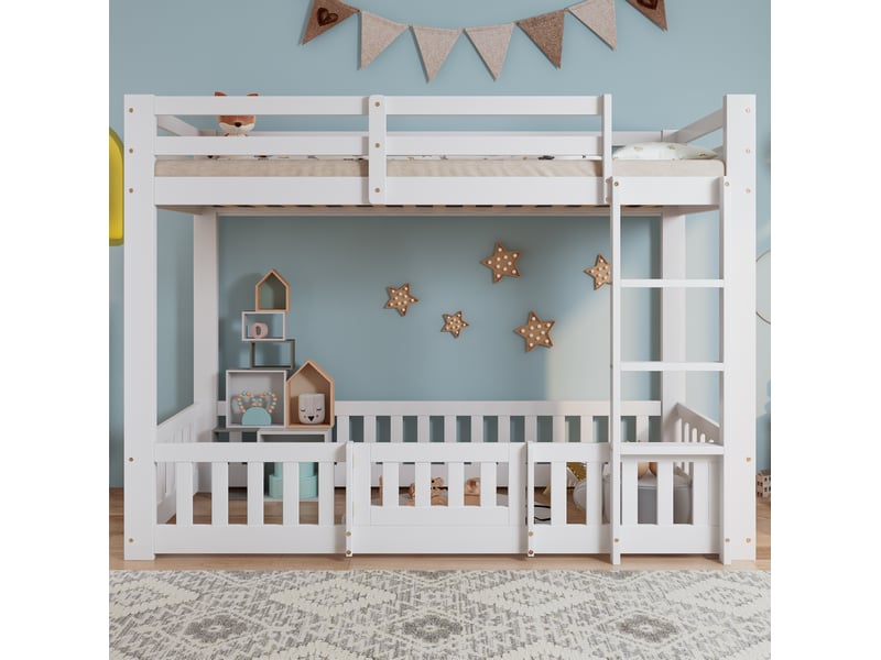 Lit surélevé enfant 90x200 cm blanc en bois de pin et lvl, espace sous le couchage et échelle à 3 marches - Conforama B