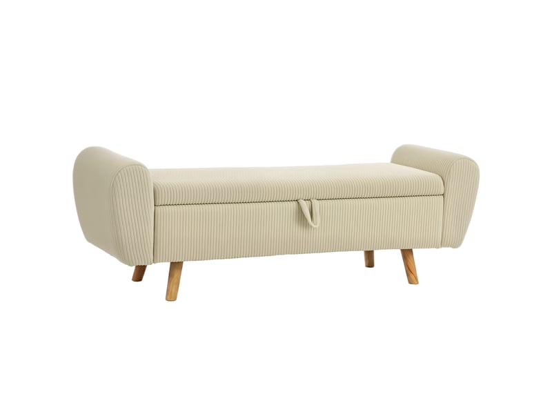 Banc de rangement 73 l, beige, coffre de rangement rembourré en velours côtelé avec accoudoirs et pieds en bois d'hévéa - Conforama B