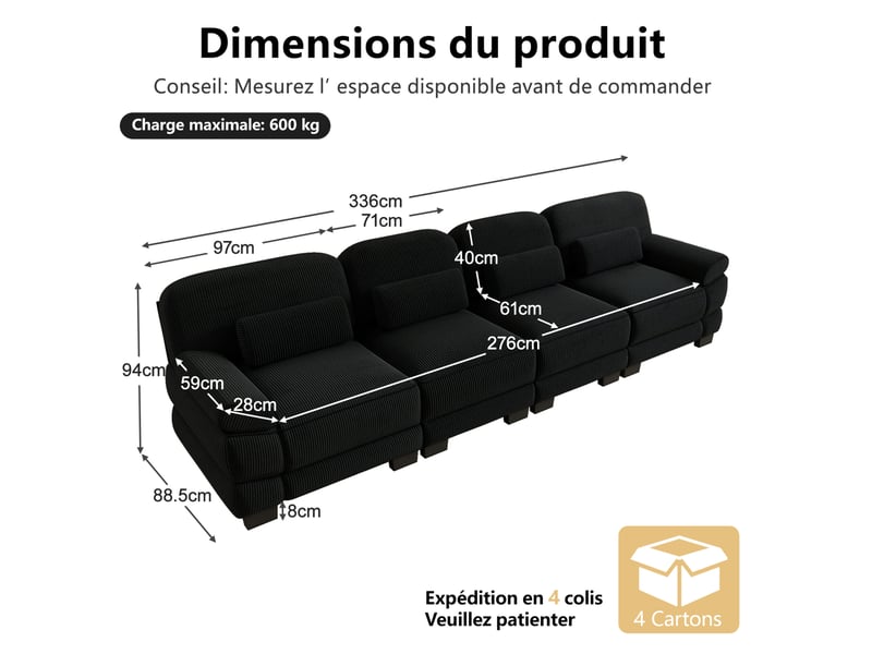 Canapé modulable 4 places 336x88,5x94 cm en velours côtelé noir  - Conforama C