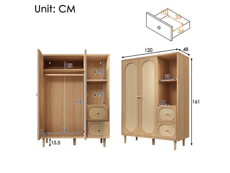  Armoire 120x48x161 cm coloris chêne avec 2 portes, 2 tiroirs et penderie  - Conforama C