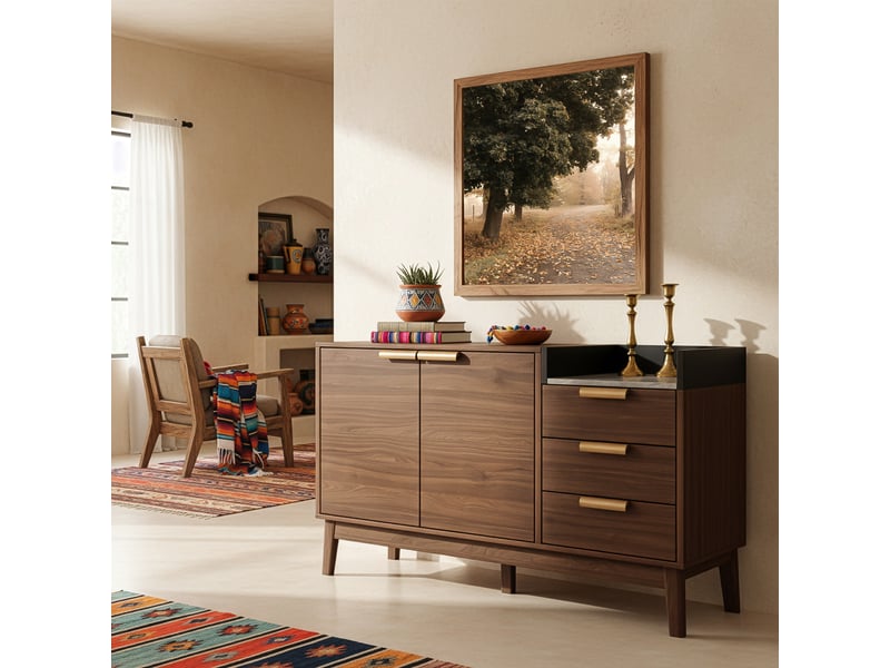  Buffet de cuisine design avec 2 portes et 3 tiroirs, 120 × 40 × 77 cm, effet chêne foncé  - Conforama D