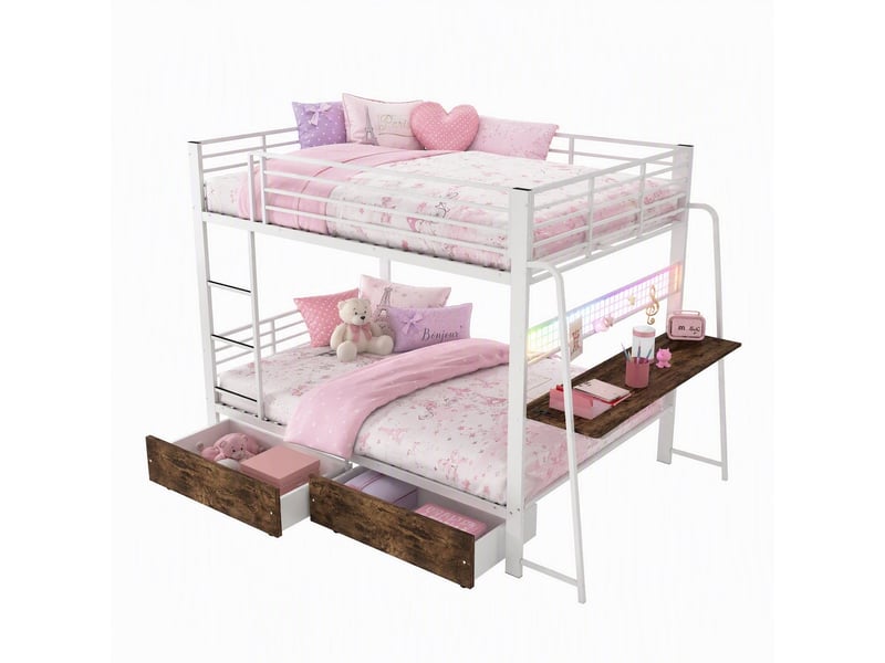  Lit superposé 140 x 200 cm cadre métallique blanc bureau intégré 2 tiroirs éclairage led synchronisé à la musique prise électrique barrières de sécurité et échelle charge maximale 250 kg  - Conforama E