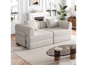Canapé convertible modulable 2 places en chenille, composé de 2 modules, accoudoirs avec rangement, 3 cadres en acier par siège, bases antidérapantes