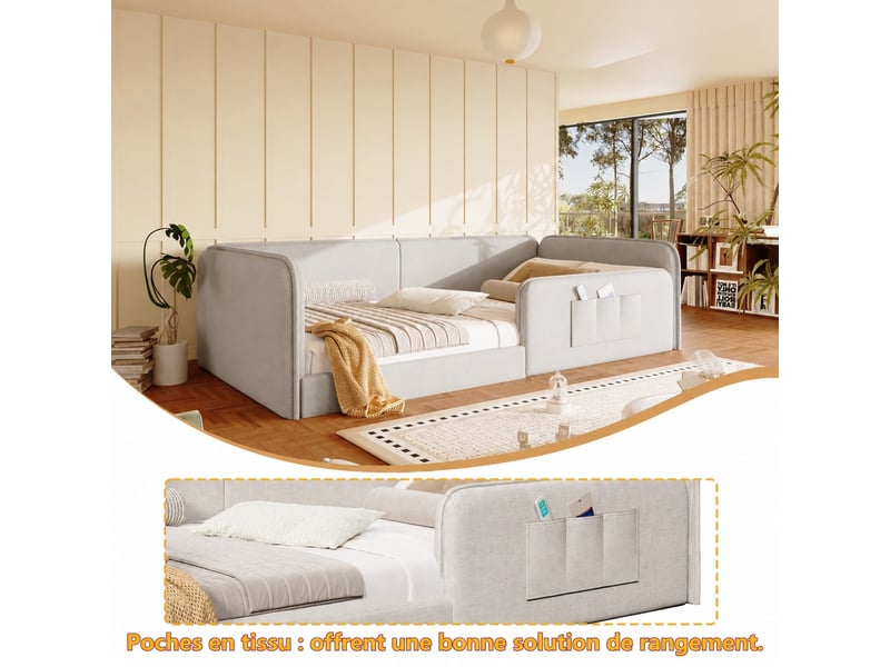  Lit plateforme 90 x 200 cm,  lit 1 place avec cadre de sécurité, rembourré et poches latérales, lin beige  - Conforama E