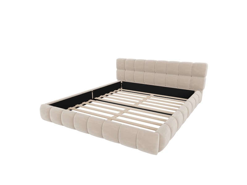  Lit double plateforme 180 × 200 cm en velours beige, tête de lit rembourrée, cadre bas et sommier à lattes Fay Lum - Conforama D