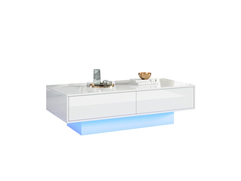  Table basse moderne laquée 115x55x34cm éclairage led intégré 2 tiroirs fini laqué brillant panneau de particules blanc  - Conforama A