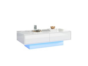 Table basse moderne laquée 115x55x34cm éclairage led intégré 2 tiroirs fini laqué brillant panneau de particules blanc