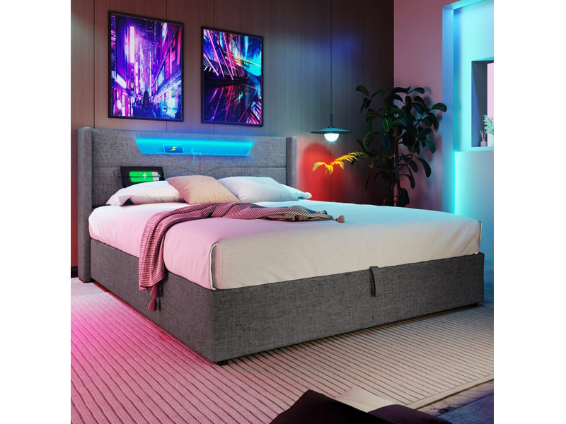  Modenvie lit coffre 140x200 cm - avec led et ports usb-c, matelas et sommier inclus - gris  - Conforama D