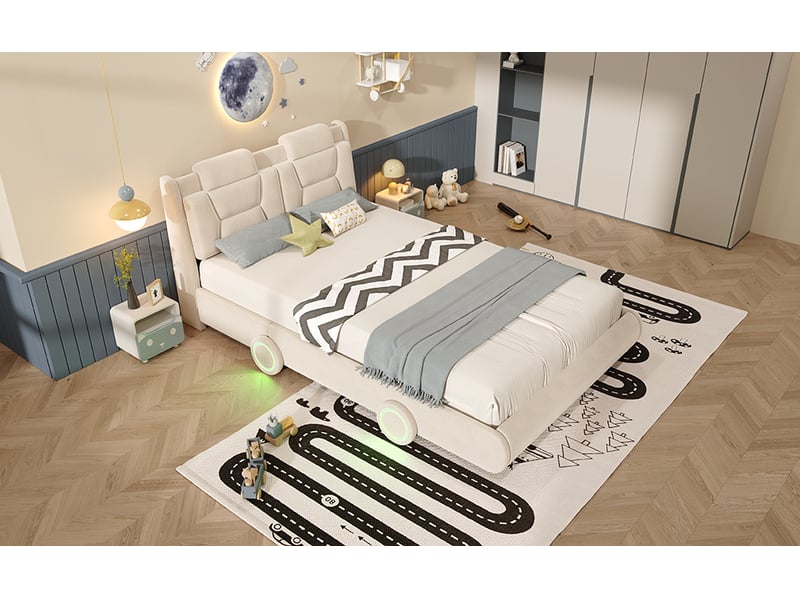  Lit voiture 140x200 cm, led aux roues, tête réglable sur 2 hauteurs, tissu flanelle et lattes en peuplier, beige  - Conforama B