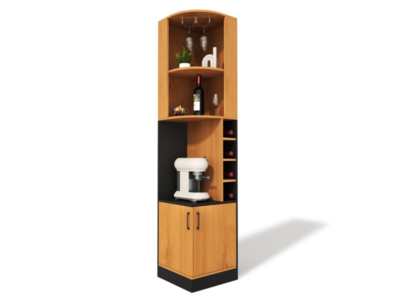  Meuble d'angle bar avec porte, 4 casiers à vin et porte-verres, en mdf naturel pour cuisine et séjour, 40 × 40 × 182 cm  - Conforama A
