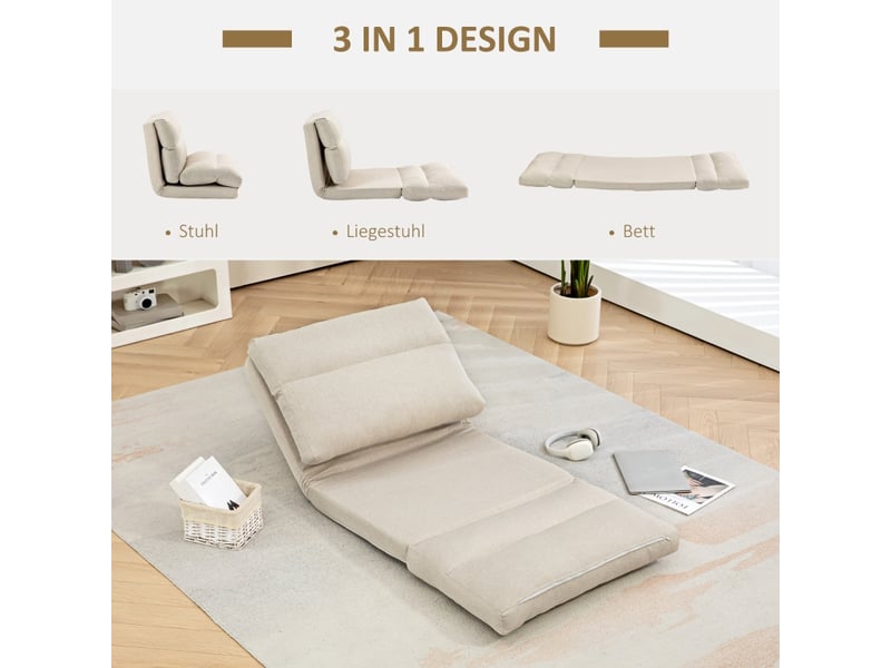  Fauteuil de sol pliable avec dossier réglable 6 positions et fonction couchage  - polyester aspect lin beige  - Conforama E