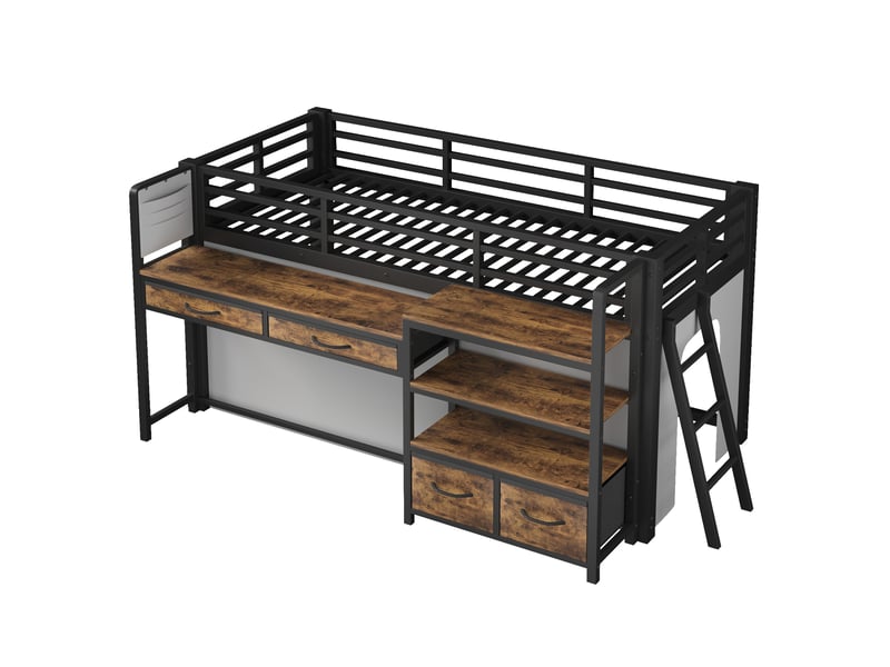 Lit mezzanine enfant 90x200 cm – noir – bureau, étagères, tiroirs en tissu, led multicolore - sans matelas - Conforama D