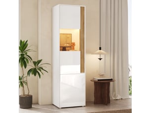 Meuble rangement vitrine haute led 2 portes acrylique blanc naturel salon cuisine homvra