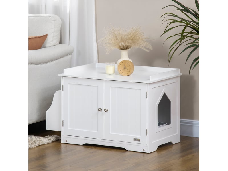  Meuble litière avec rangement 86x48x52 cm – blanc – entrée discrète, cloison réglable et double porte  - Conforama B