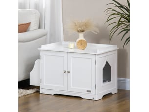 Meuble litière avec rangement 86x48x52 cm – blanc – entrée discrète, cloison réglable et double porte
