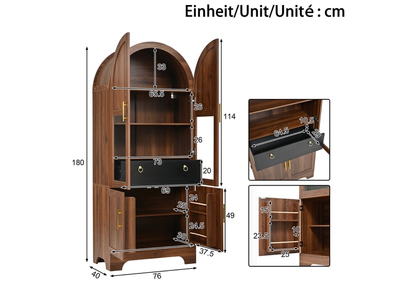  Buffet 76x40x180 cm, forme arquée, éclairage led, 4 portes et 1 tiroir, mdf et panneau de particules, aspect noyer brun  - Conforama C