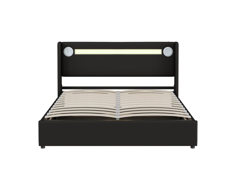  Lit capitonné 160x200 cm noir en simili cuir, led, bluetooth, usb et coffre de rangement.  - Conforama A