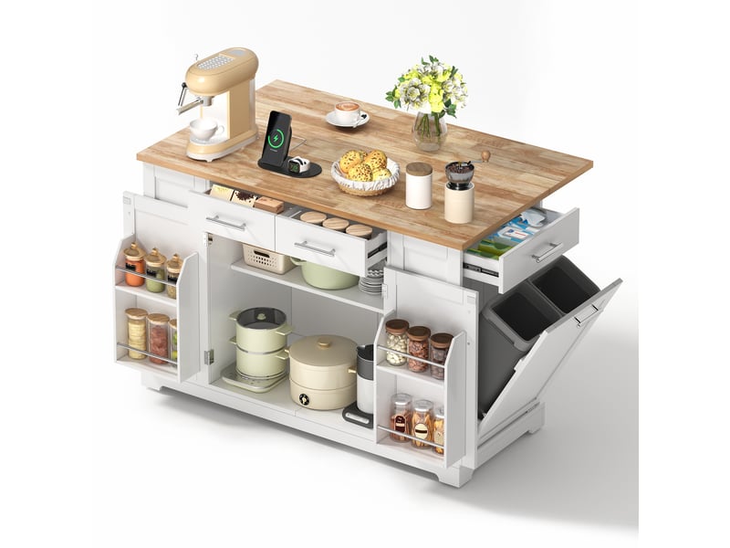  Ilot central de cuisine - 138x86x92cm - desserte de cuisine avec plateau bois naturel, prises, roulettes et poubelle - blanc et bois  - Conforama A