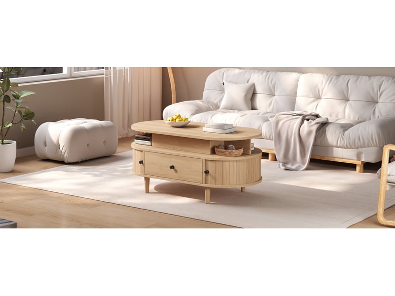 Table basse relevable ovale avec tiroir, 2 portes coulissantes et 2 niches pour salon en mdf 105×50×60,5 cm naturelle - Conforama C