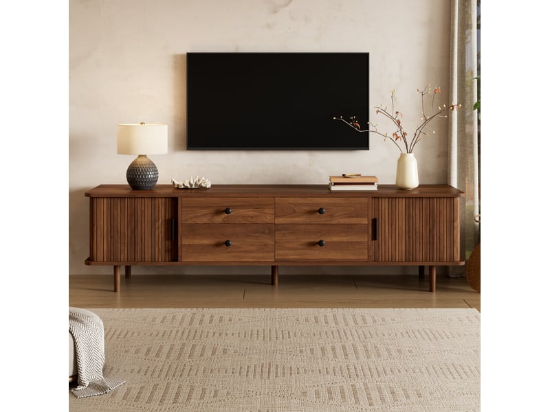  Meuble tv bas 165 x 40 x 46 cm – noyer – 4 tiroirs, 2 portes coulissantes, rangement généreux  - Conforama D