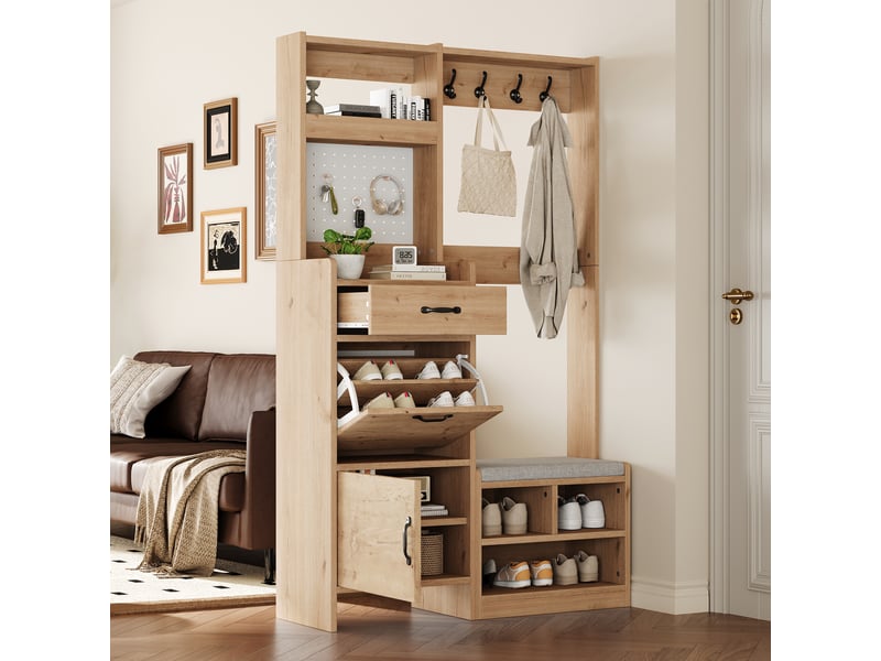  Meuble d'entrée avec 2 portes, 1 tiroir, banc rembourré, niche et 4 crochets en panneau de particules 108,5×35×180 cm  - Conforama C